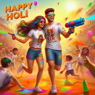 create a 3d image where a 20 year old couple are joyfully playing Holi, boy splashing color water on girl body by watergun ,vibrant colors splashed across their clothes. Both are wearing T-shirts with their names, "Ram " on the boy's T-shirt and "Sita" on the girl's T-shirt. the words "Happy Holi" are written in bold letters at top sky, In the background many children can be seen joining in the festivities laughing and playing with water balloons, Name must be visible.. Image 2 of 4